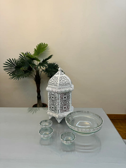 White lantern with coffee cups