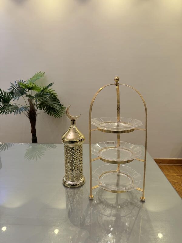 Gold crescent lantern with plexi glass decor plates
