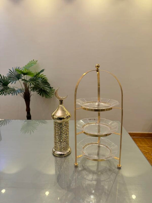 Gold crescent lantern with plexi glass decor plates
