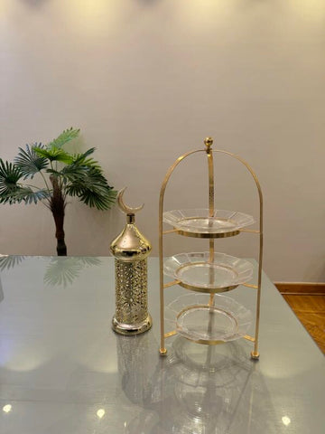 Gold crescent lantern with plexi glass decor plates