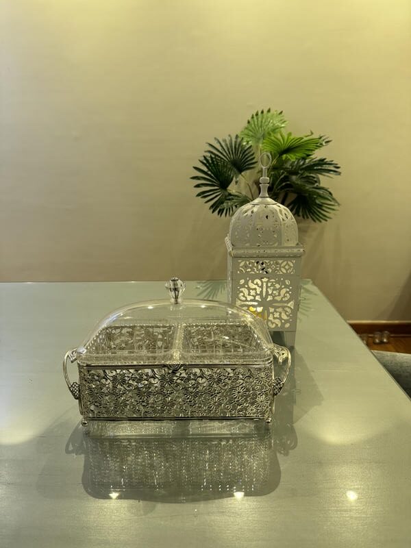 White lantern with silver plexi tray