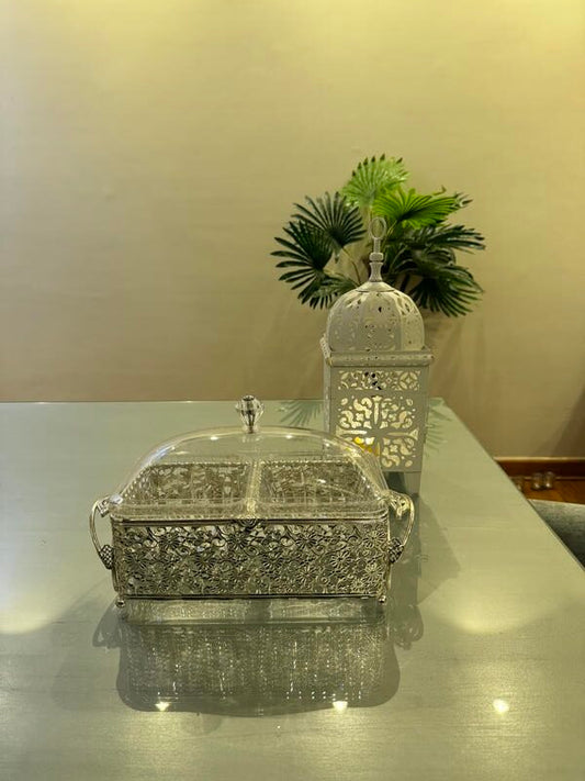 White lantern with silver plexi tray