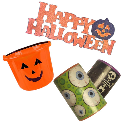 'Happy halloween' sign, bucket and small binaculars bundle