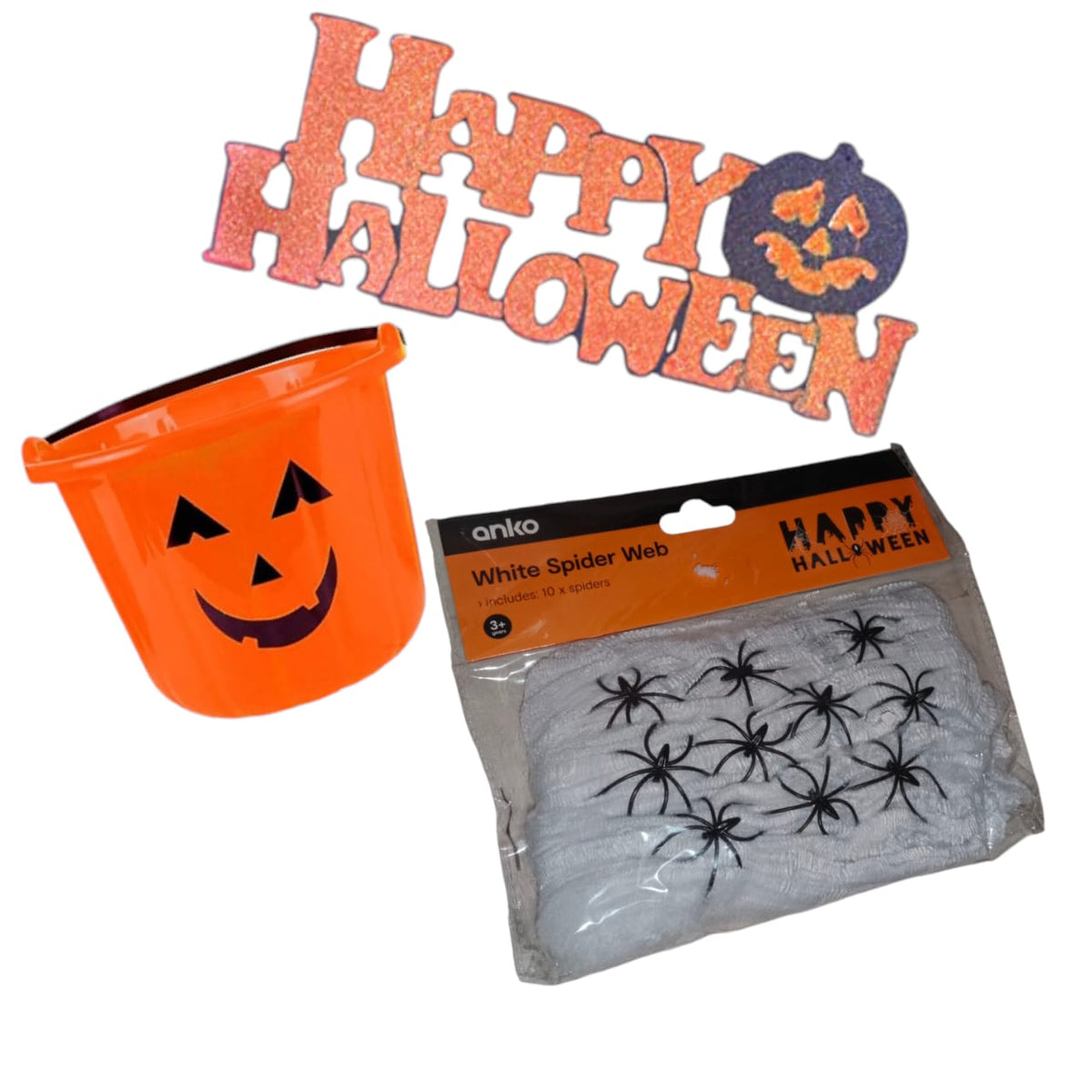 'Happy halloween' sign, bucket and spider web bundle