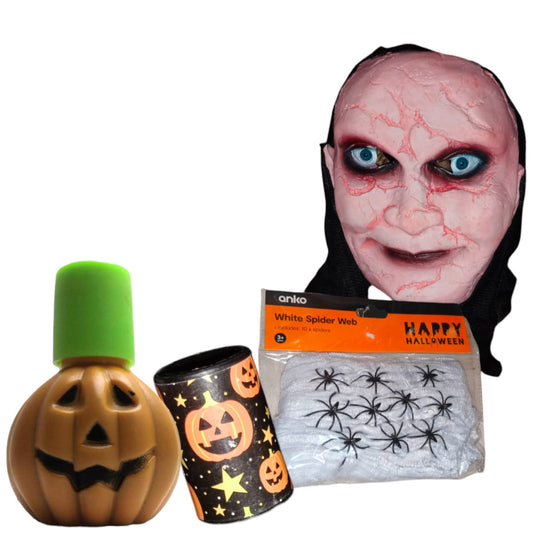 Halloween mask, spider web, bubbles and halloween cup bundle