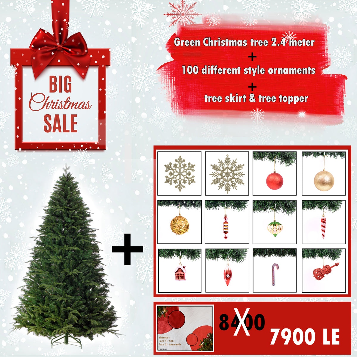 Green Christmas Tree + 100 Ornaments + Skirt