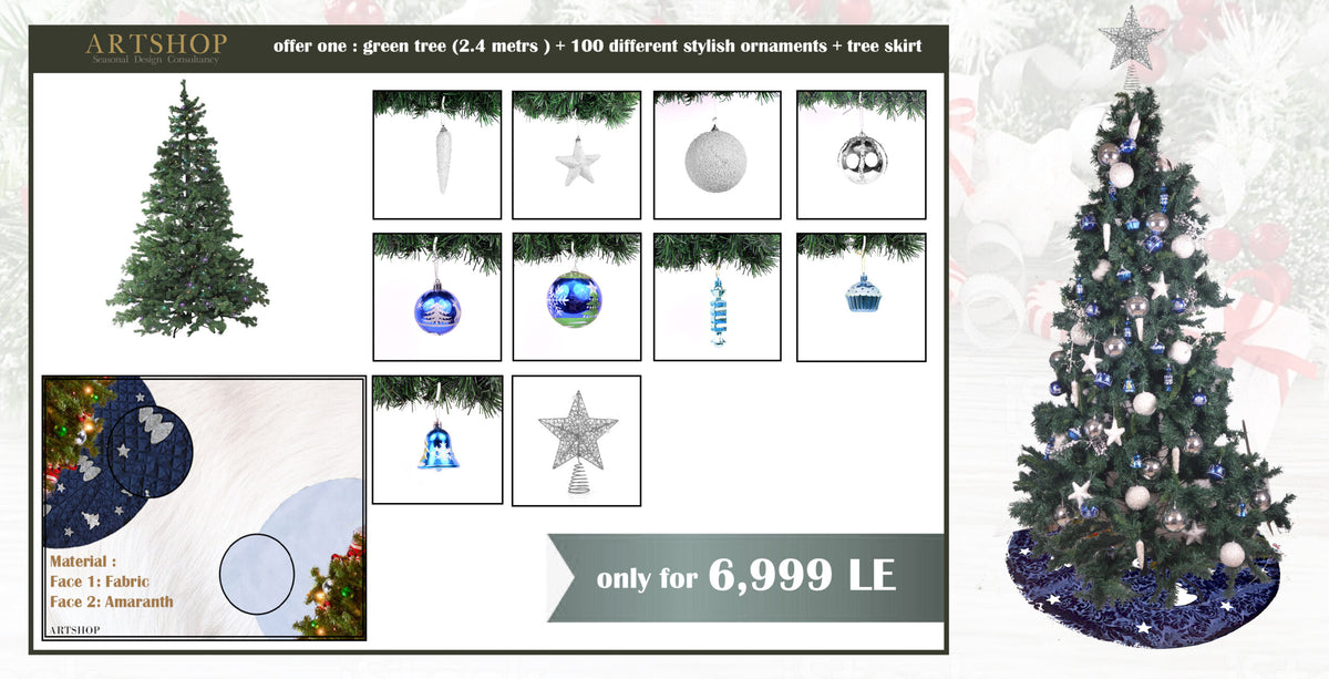 Green Christmas Tree + 100 Ornaments + Skirt