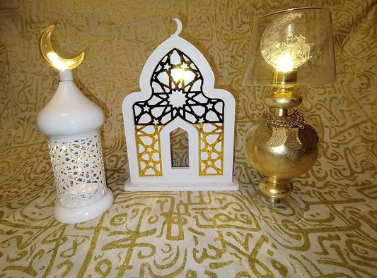 Ramadan White and Gold lantern with lit crescent