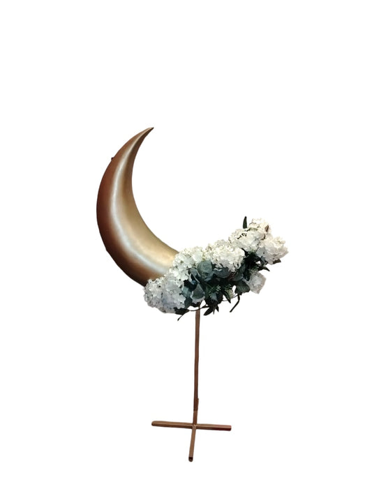 Gold crescent stand with white flowers